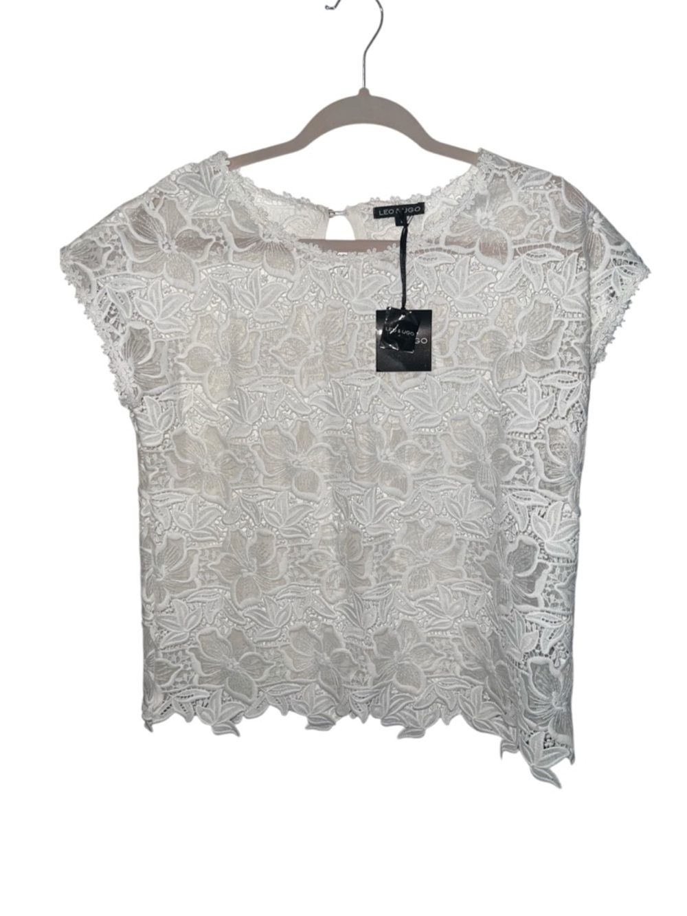 NWT Leo & Ugo Parisian Lace Cap Sleeve Top - White Floral Embroidery